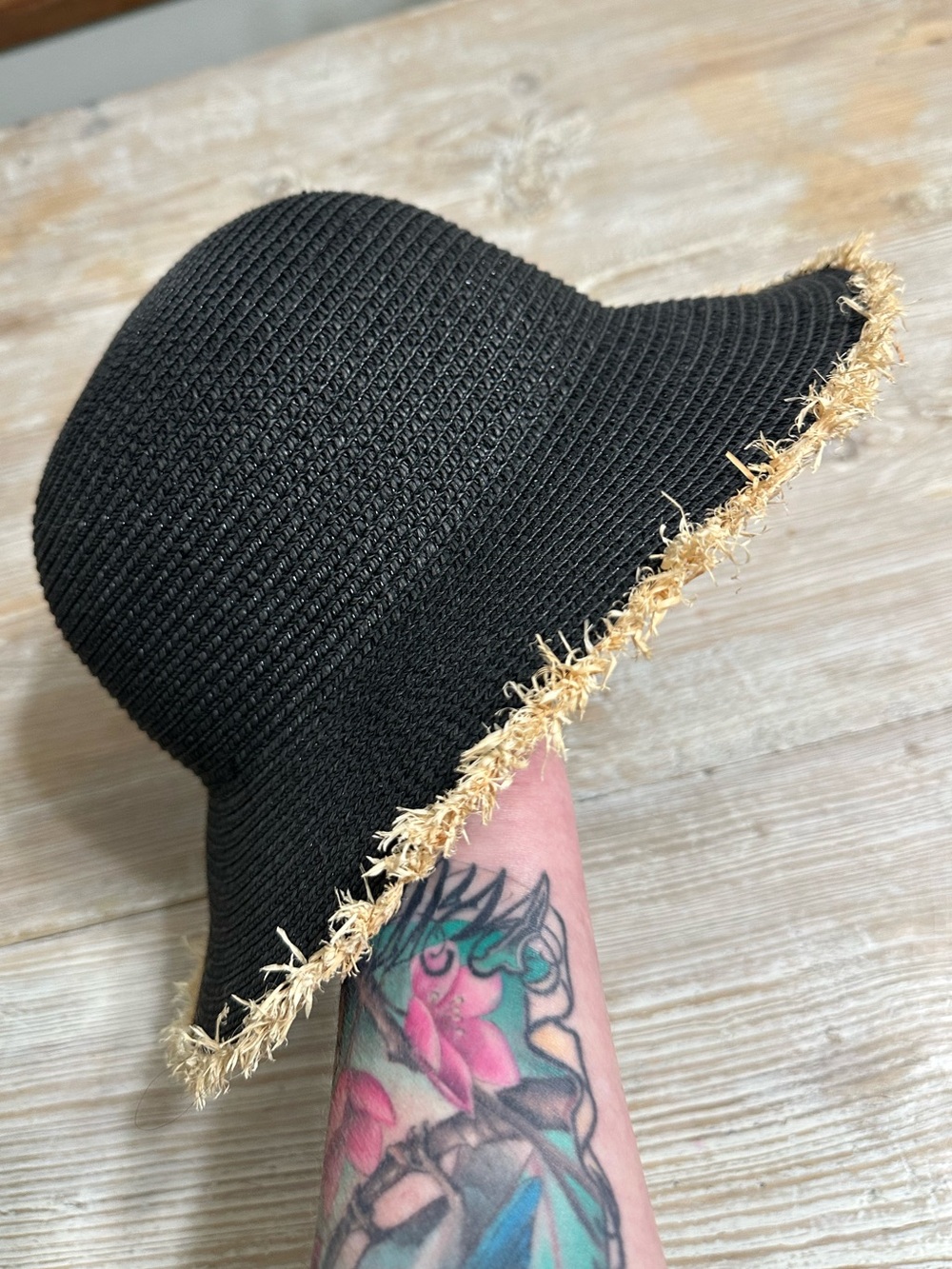 Nicole Marciano Black Straw Sun Hat with Frayed Raffia Trim Summer Essentials